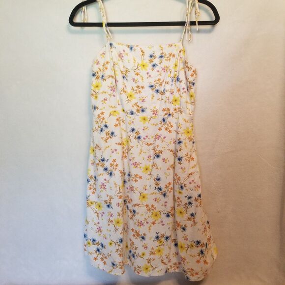 Old Navy Small Yellow Floral Sundress Smocked Back Tie Straps Linen Blend Boho - Picture 1 of 10